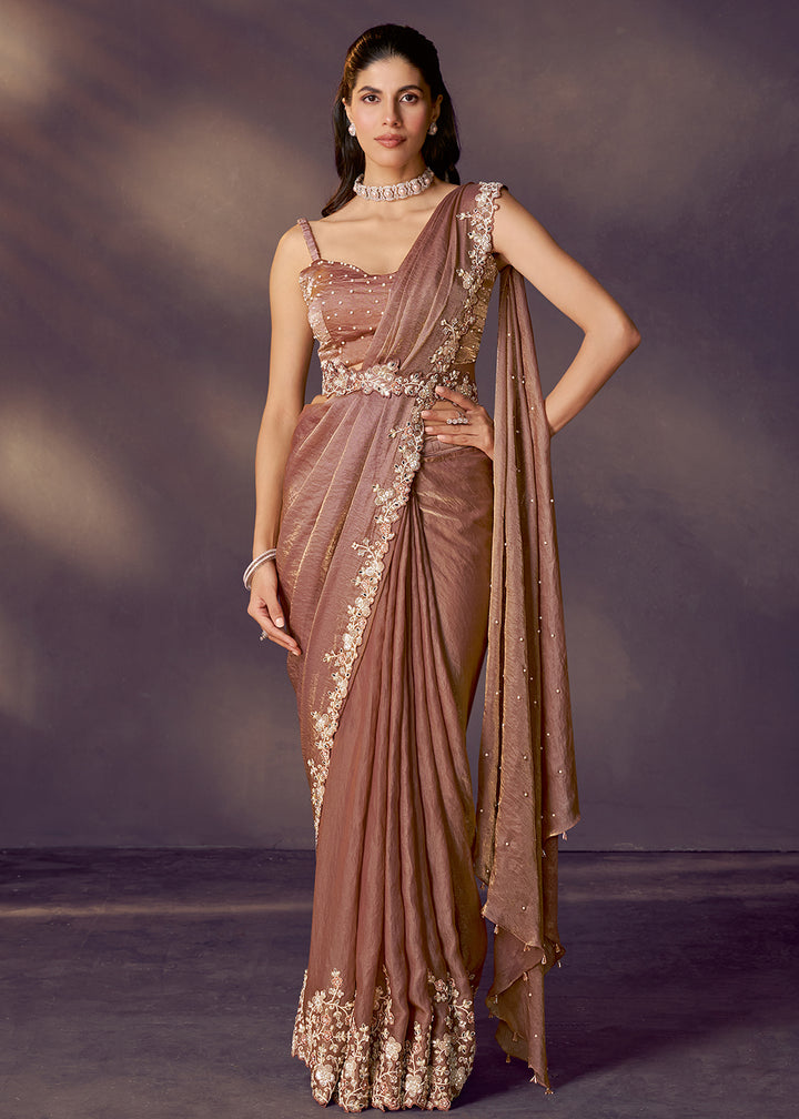 Buy Brown Designer Party Style Pre Draped Saree Online in USA, UK, Canada, Spain, France, Germany, Italy, Austria, Ireland, Sweden, UAE & Worldwide at Empress.