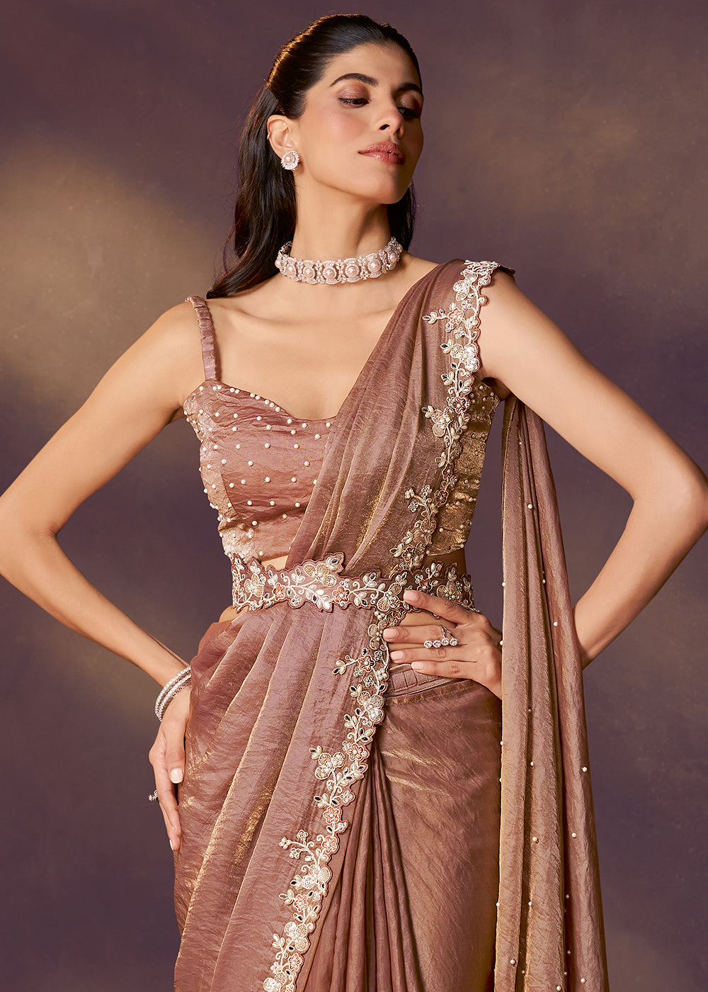 Buy Brown Designer Party Style Pre Draped Saree Online in USA, UK, Canada, Spain, France, Germany, Italy, Austria, Ireland, Sweden, UAE & Worldwide at Empress.