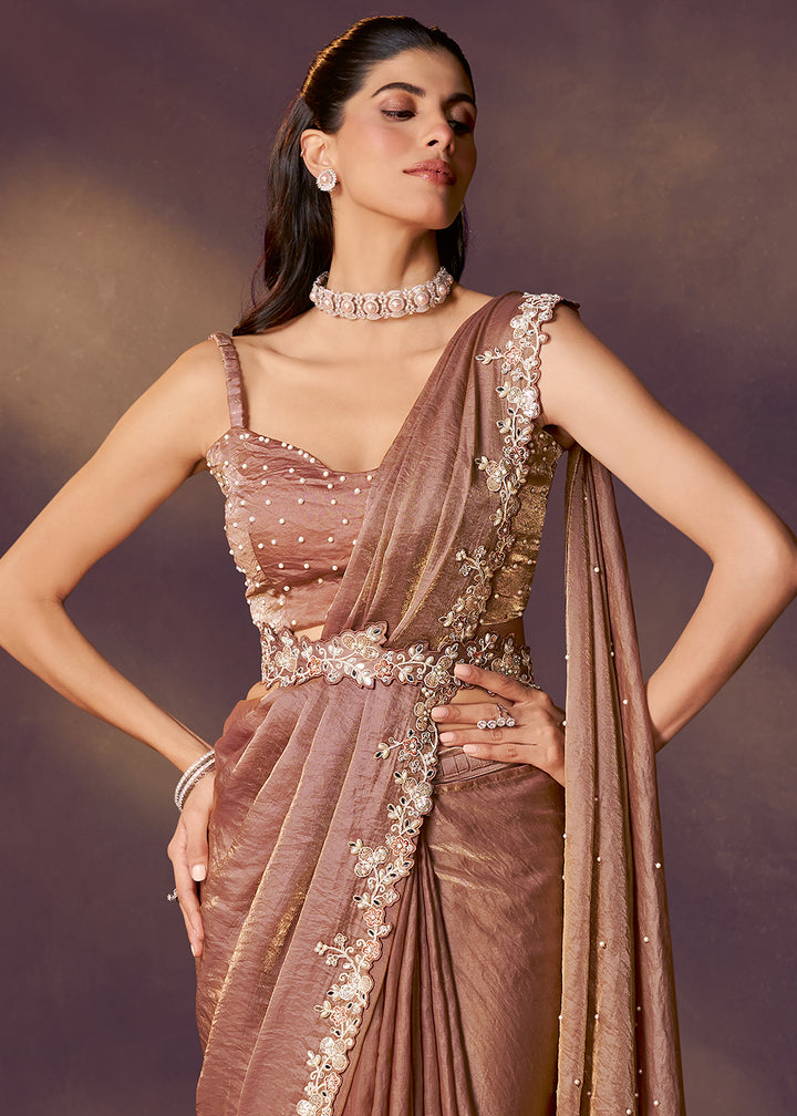 Buy Brown Designer Party Style Pre Draped Saree Online in USA, UK, Canada, Spain, France, Germany, Italy, Austria, Ireland, Sweden, UAE & Worldwide at Empress.