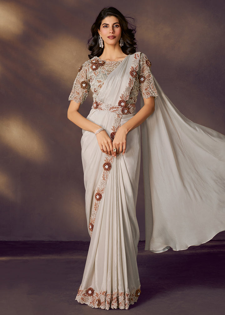 Buy Chalk Grey Designer Party Style Pre Draped Saree Online in USA, UK, Canada, Spain, France, Germany, Italy, Austria, Ireland, Sweden & Worldwide at Empress.