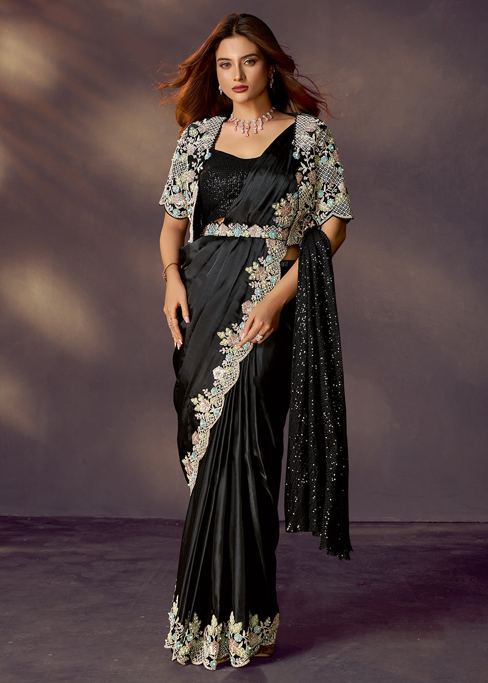 Buy Black Designer Party Style Pre Draped Saree Online in USA, UK, Canada, Spain, France, Germany, Italy, Austria, Ireland, Sweden, UAE & Worldwide at Empress.