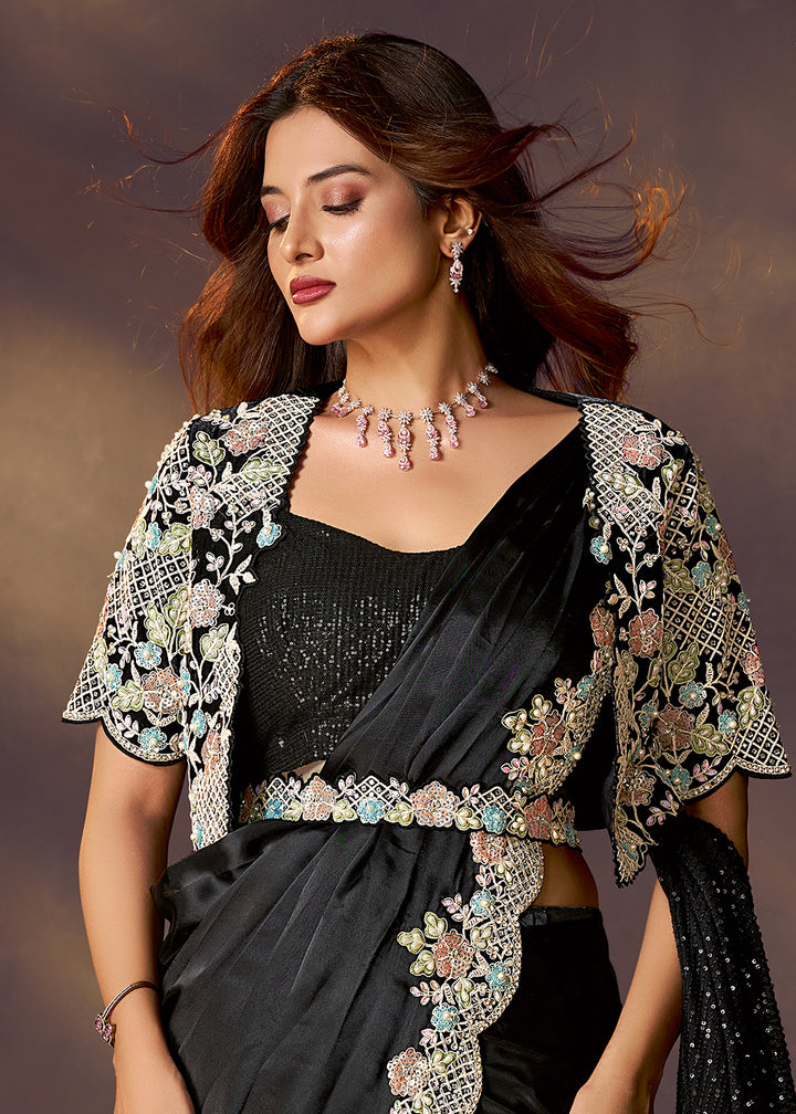 Buy Black Designer Party Style Pre Draped Saree Online in USA, UK, Canada, Spain, France, Germany, Italy, Austria, Ireland, Sweden, UAE & Worldwide at Empress.