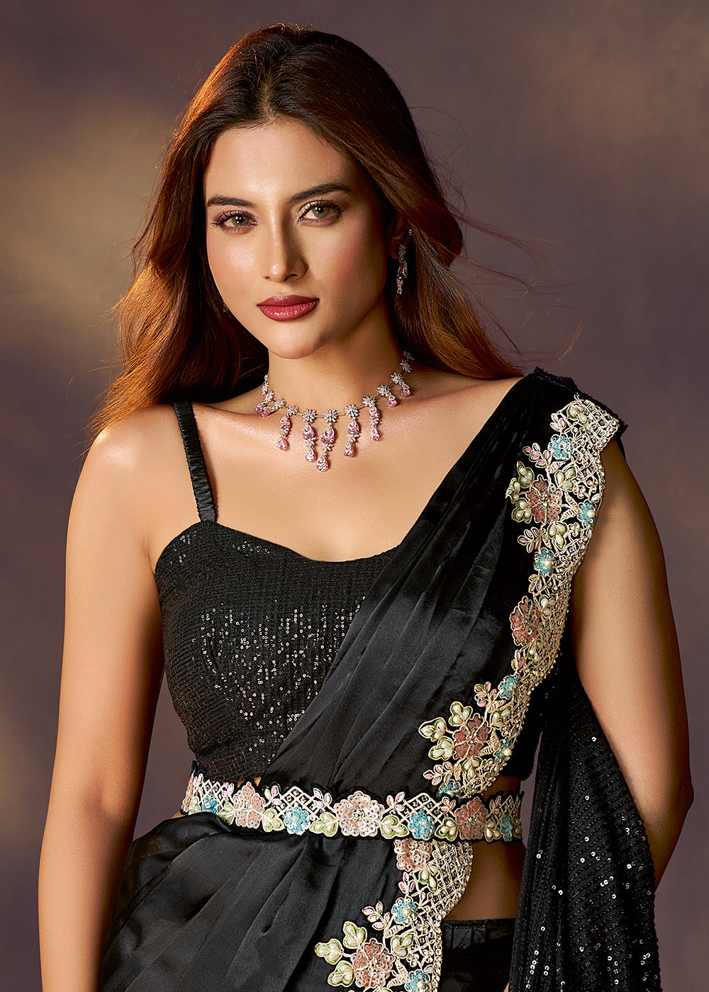 Buy Black Designer Party Style Pre Draped Saree Online in USA, UK, Canada, Spain, France, Germany, Italy, Austria, Ireland, Sweden, UAE & Worldwide at Empress.