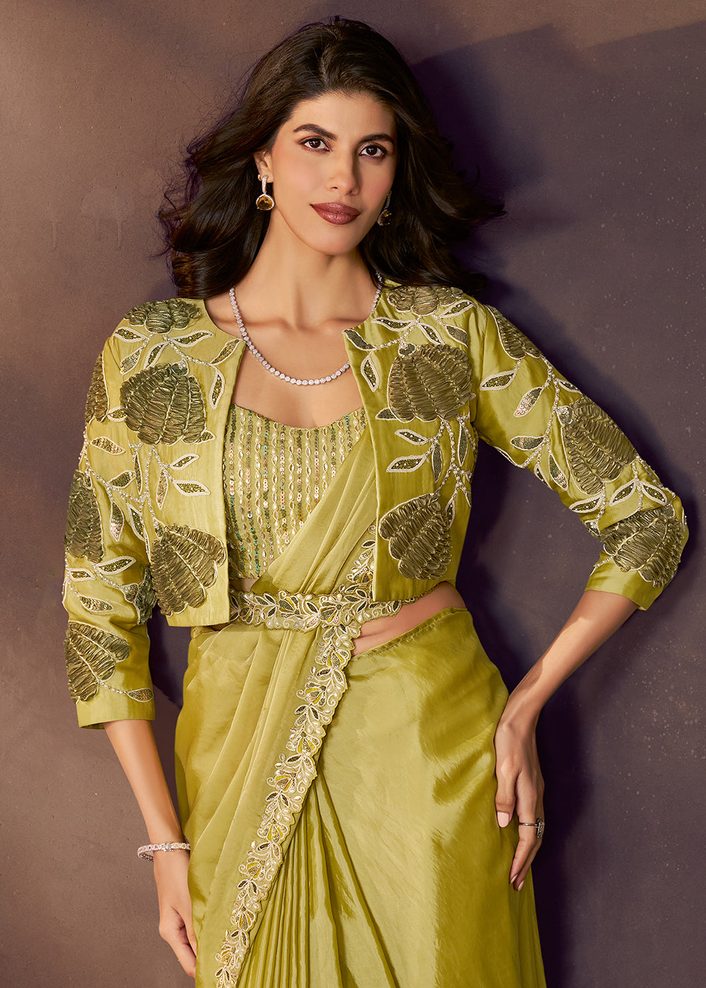 Buy Lemon Green Designer Party Style Pre Draped Saree Online in USA, UK, Canada, Spain, France, Germany, Italy, Austria, Ireland, Sweden & Worldwide at Empress.
