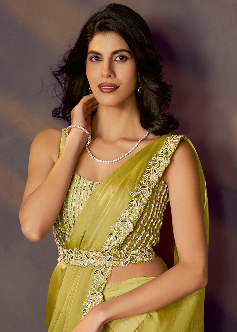 Buy Lemon Green Designer Party Style Pre Draped Saree Online in USA, UK, Canada, Spain, France, Germany, Italy, Austria, Ireland, Sweden & Worldwide at Empress.
