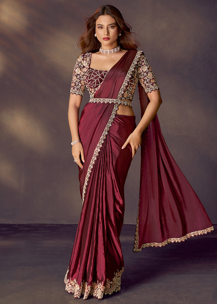Buy Maroon Designer Party Style Pre Draped Saree Online in USA, UK, Canada, Spain, France, Germany, Italy, Austria, Ireland, Sweden & Worldwide at Empress.