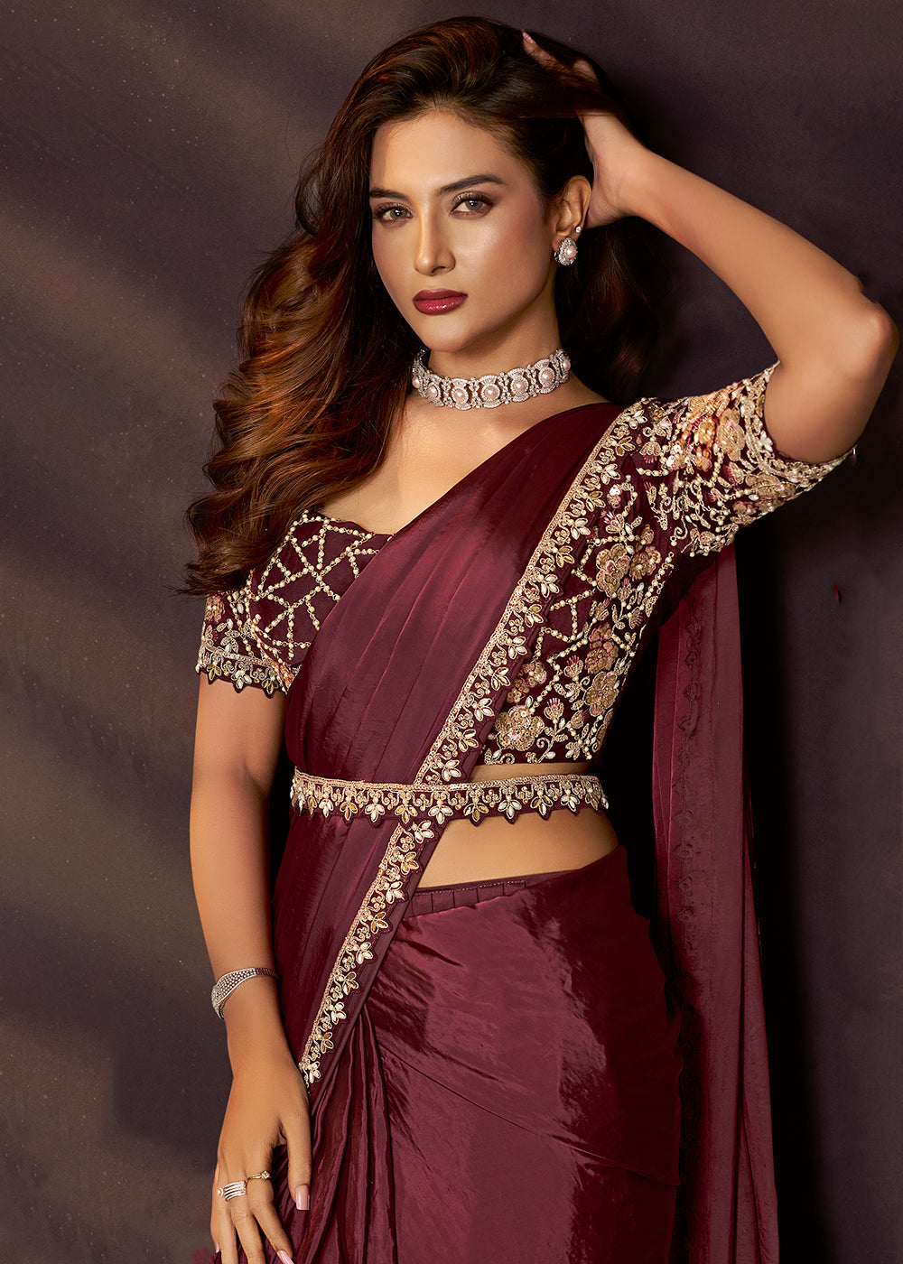 Buy Maroon Designer Party Style Pre Draped Saree Online in USA, UK, Canada, Spain, France, Germany, Italy, Austria, Ireland, Sweden & Worldwide at Empress.