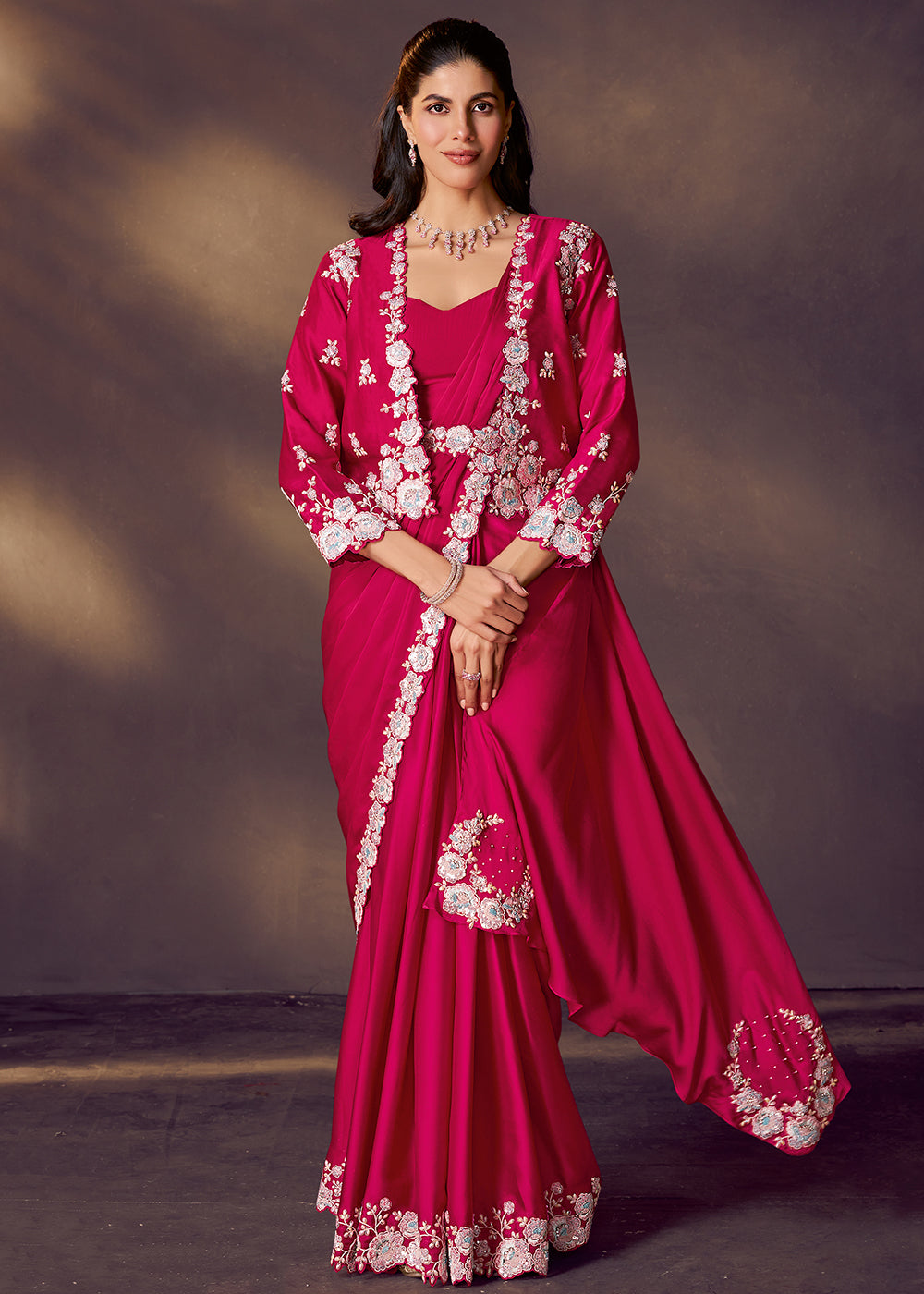 Buy Fuchsia Pink Designer Party Style Pre Draped Saree Online in US, UK, Canada, Spain, France, Germany, Italy, Austria, Ireland, Sweden & Worldwide at Empress.