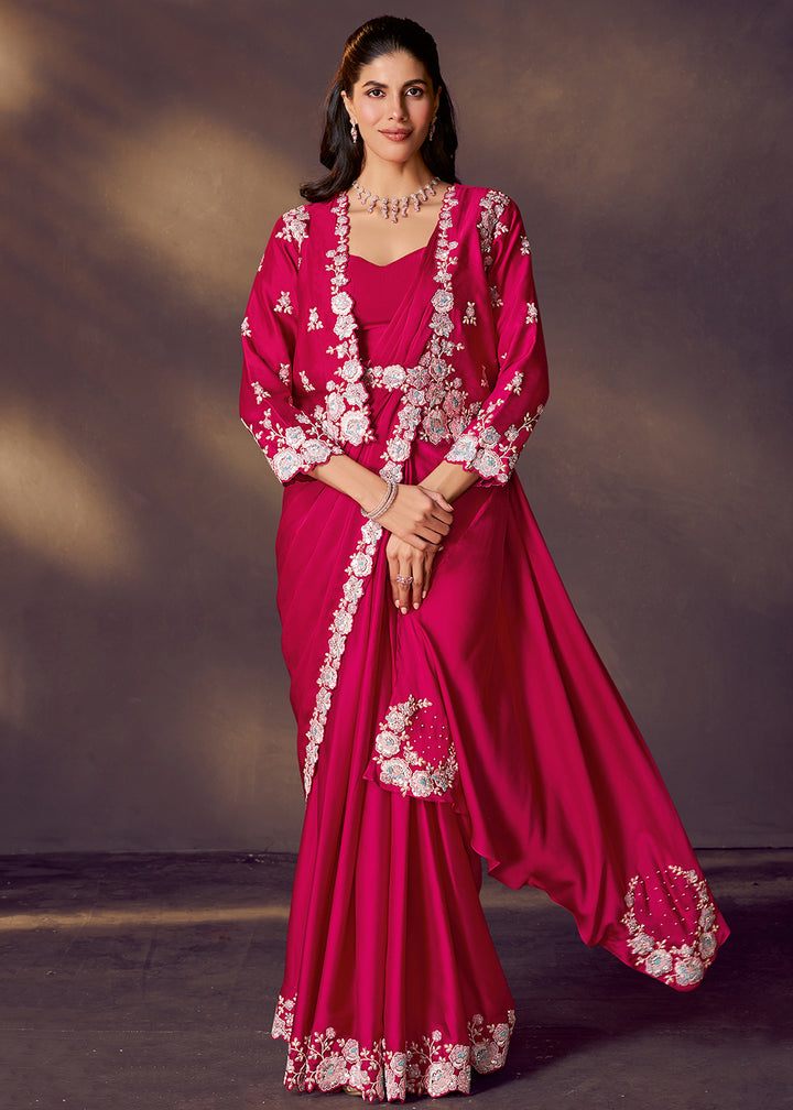 Buy Fuchsia Pink Designer Party Style Pre Draped Saree Online in US, UK, Canada, Spain, France, Germany, Italy, Austria, Ireland, Sweden & Worldwide at Empress.