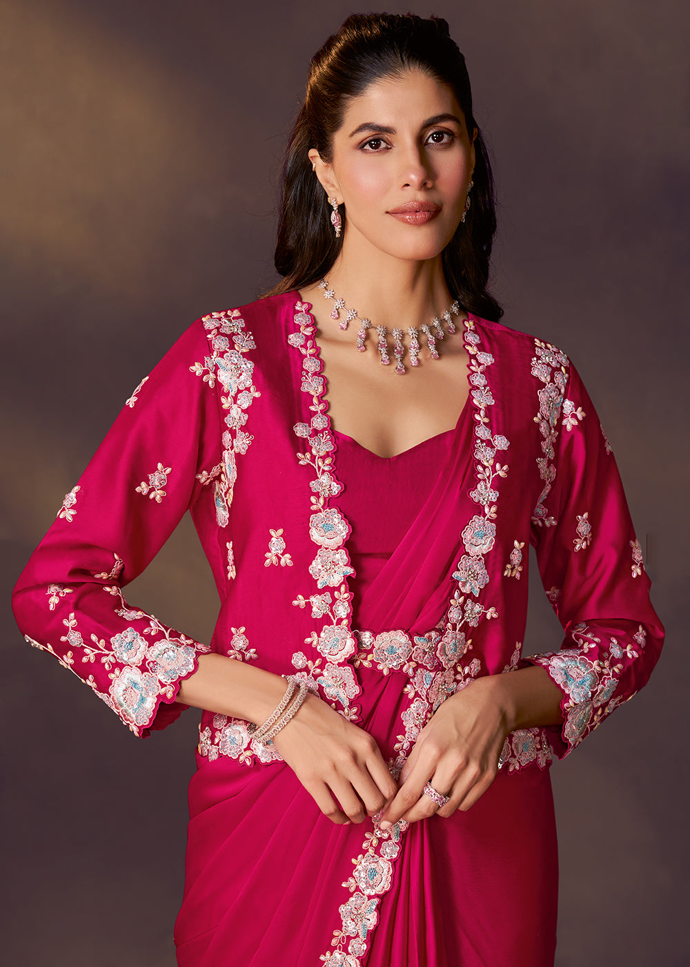 Buy Fuchsia Pink Designer Party Style Pre Draped Saree Online in US, UK, Canada, Spain, France, Germany, Italy, Austria, Ireland, Sweden & Worldwide at Empress.