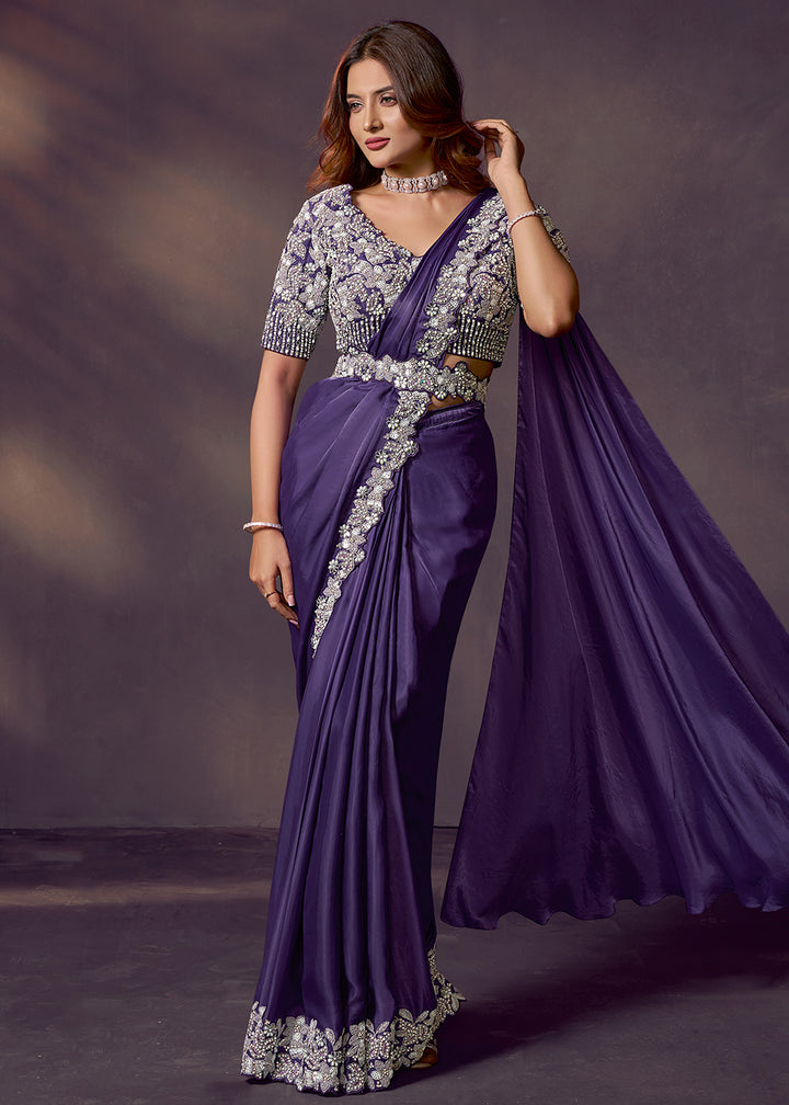 Buy Purple Designer Party Style Pre Draped Saree Online in US, UK, Canada, Spain, France, Germany, Italy, Austria, Ireland, Sweden & Worldwide at Empress.