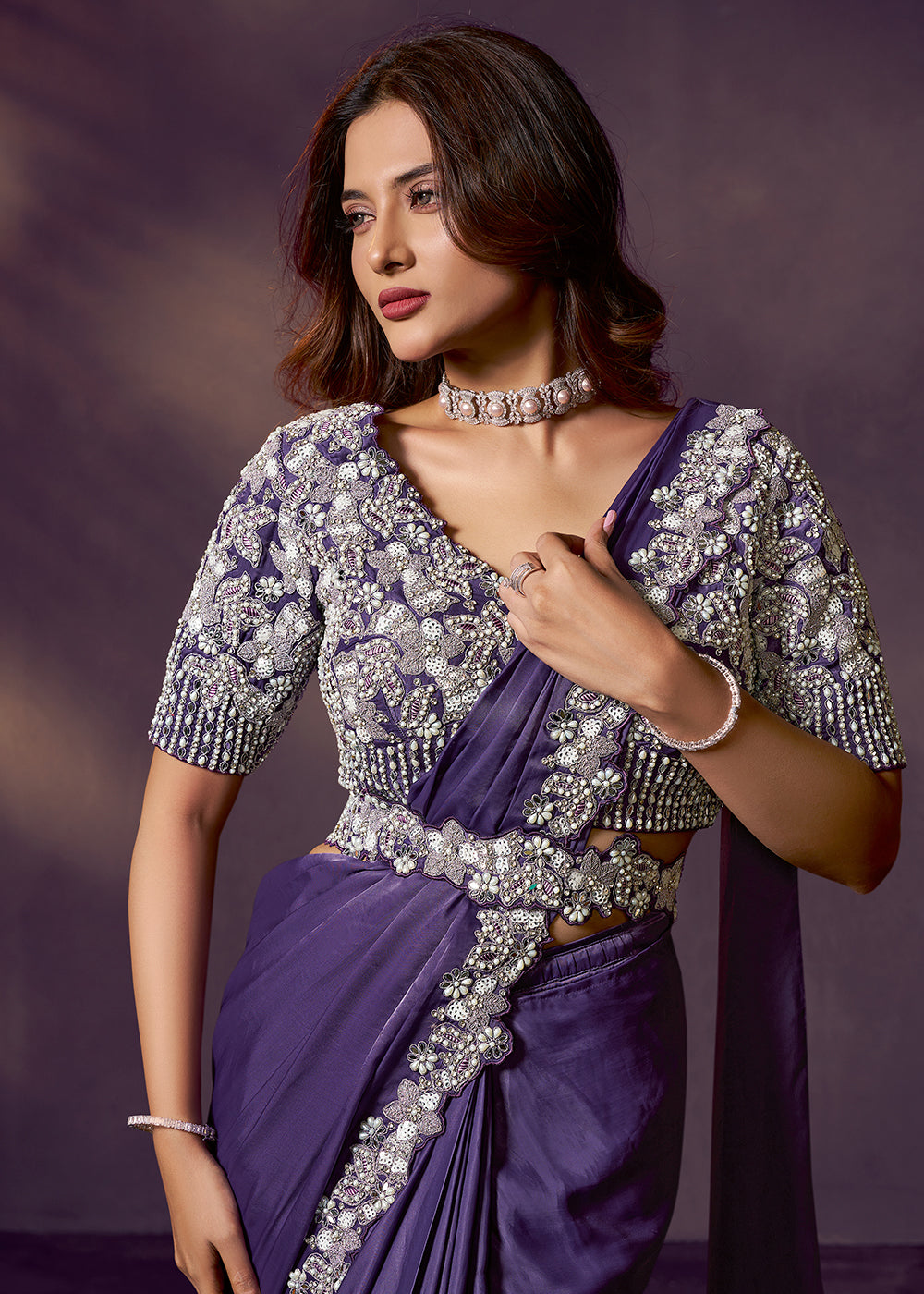 Buy Purple Designer Party Style Pre Draped Saree Online in US, UK, Canada, Spain, France, Germany, Italy, Austria, Ireland, Sweden & Worldwide at Empress.