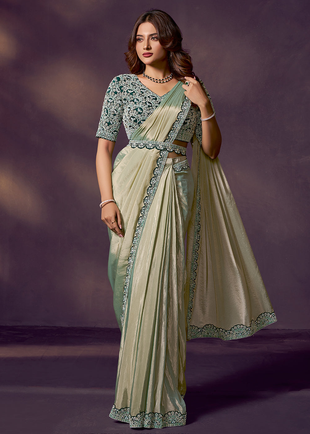 Buy Sage Green Designer Party Style Pre Draped Saree Online in US, UK, Canada, Spain, France, Germany, Italy, Austria, Ireland, Sweden & Worldwide at Empress.