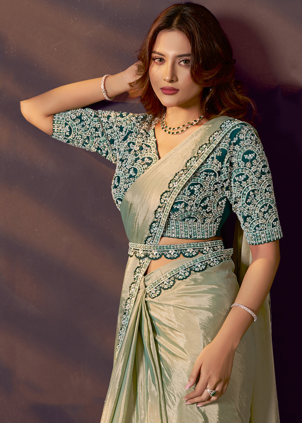 Buy Sage Green Designer Party Style Pre Draped Saree Online in US, UK, Canada, Spain, France, Germany, Italy, Austria, Ireland, Sweden & Worldwide at Empress.