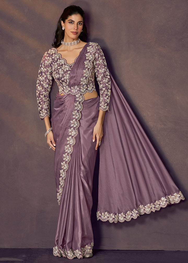 Buy Lavender Designer Party Style Pre Draped Saree Online in US, UK, Canada, Spain, France, Germany, Italy, Austria, Ireland, Sweden & Worldwide at Empress.