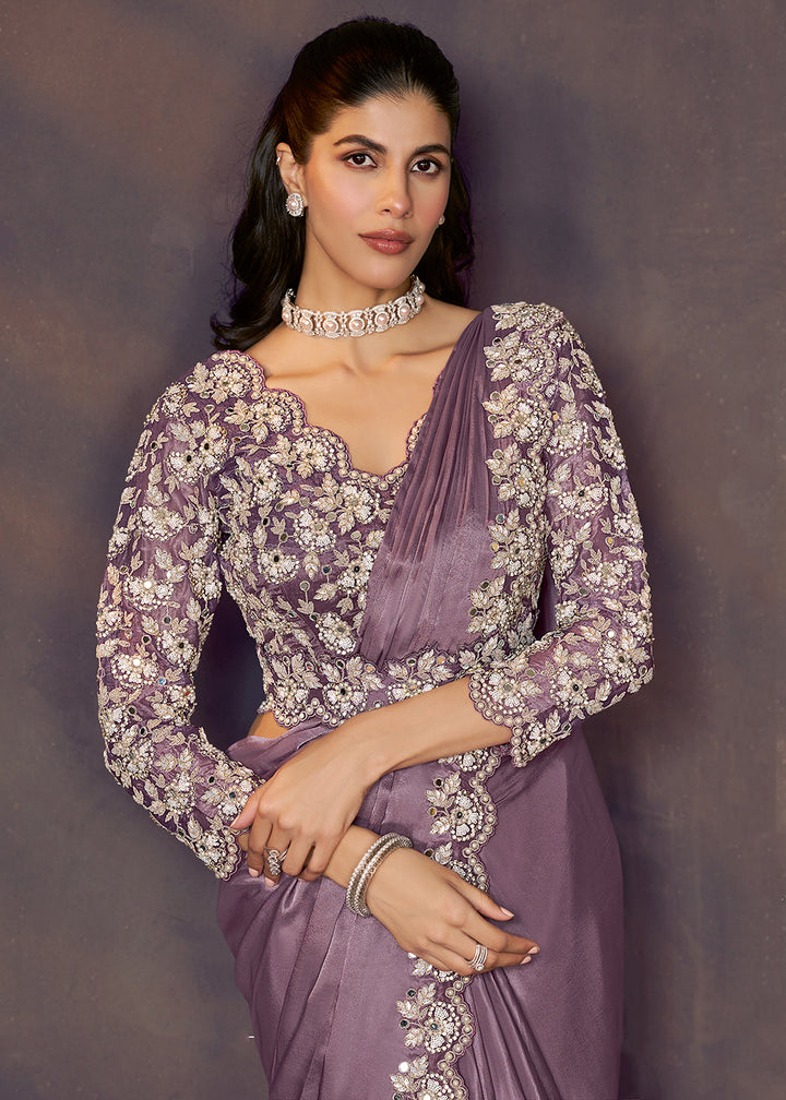 Buy Lavender Designer Party Style Pre Draped Saree Online in US, UK, Canada, Spain, France, Germany, Italy, Austria, Ireland, Sweden & Worldwide at Empress.