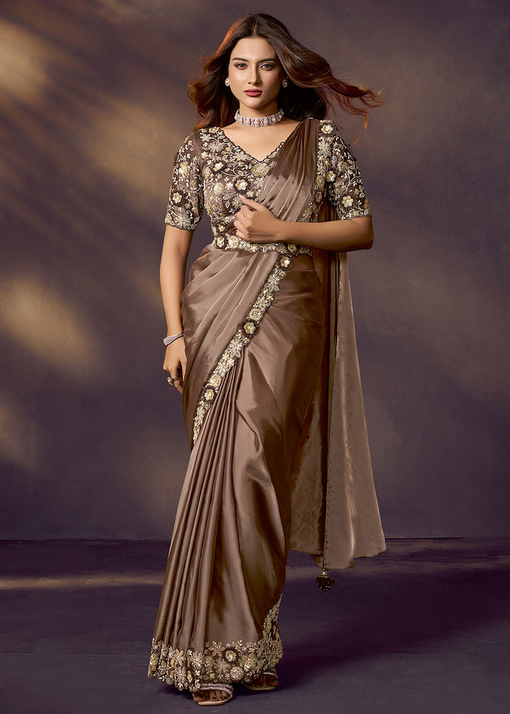 Buy Oak Brown Designer Party Style Pre Draped Saree Online in US, UK, Canada, Spain, France, Germany, Italy, Austria, Ireland, Sweden & Worldwide at Empress.