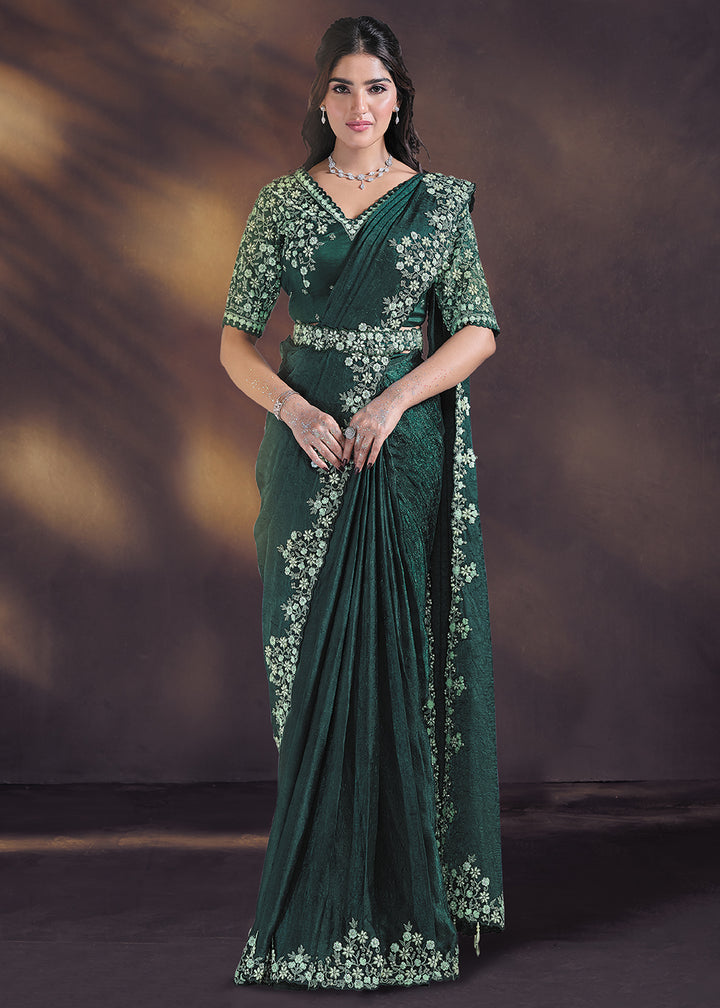 Buy Bottle Green Designer Party Style Pre Draped Saree Online in US, UK, Canada, Spain, France, Germany, Italy, Austria, Ireland, Sweden & Worldwide at Empress.