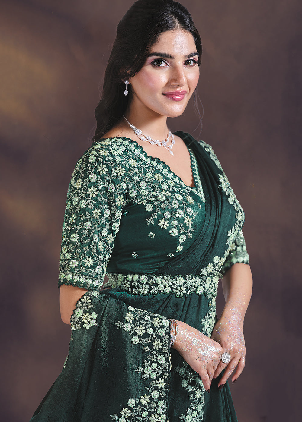 Buy Bottle Green Designer Party Style Pre Draped Saree Online in US, UK, Canada, Spain, France, Germany, Italy, Austria, Ireland, Sweden & Worldwide at Empress.