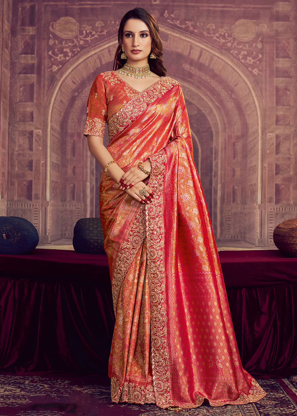 Buy Now Dreamy Pink Heavy Embroidered Designer Wear Saree Online in US, UK, Canada, France, Germany, Denmark, Netherland, Sweden, UAE & Worldwide at Empress.