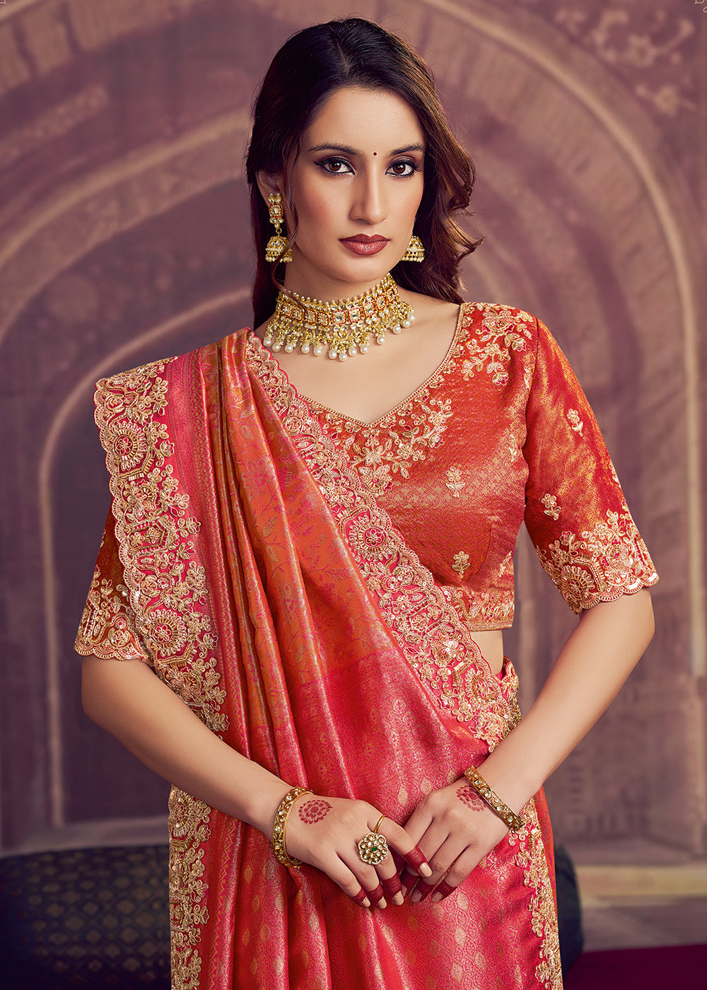 Buy Now Dreamy Pink Heavy Embroidered Designer Wear Saree Online in US, UK, Canada, France, Germany, Denmark, Netherland, Sweden, UAE & Worldwide at Empress.