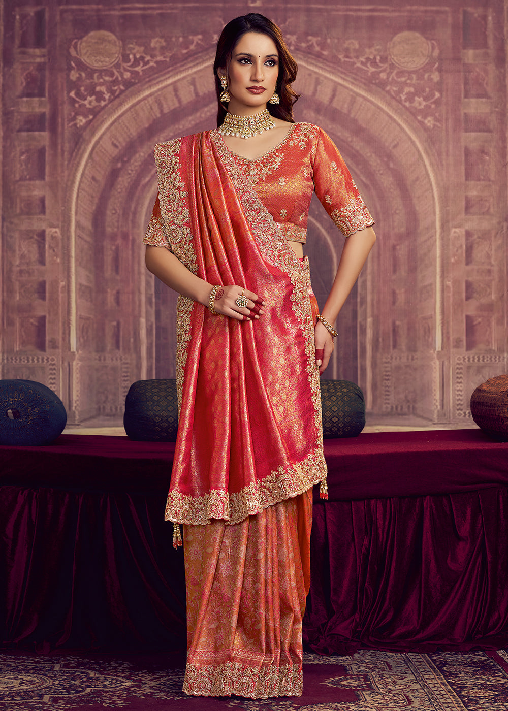 Buy Now Dreamy Pink Heavy Embroidered Designer Wear Saree Online in US, UK, Canada, France, Germany, Denmark, Netherland, Sweden, UAE & Worldwide at Empress.