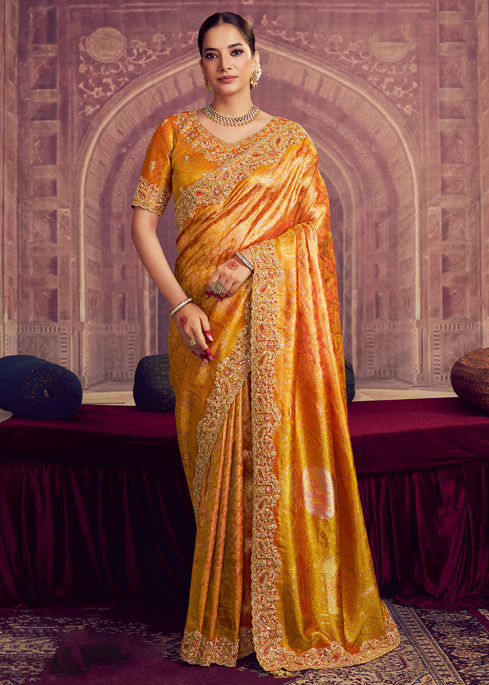 Buy Now Dreamy Gold Heavy Embroidered Designer Wear Saree Online in US, UK, Canada, France, Germany, Denmark, Netherland, Sweden, UAE & Worldwide at Empress.