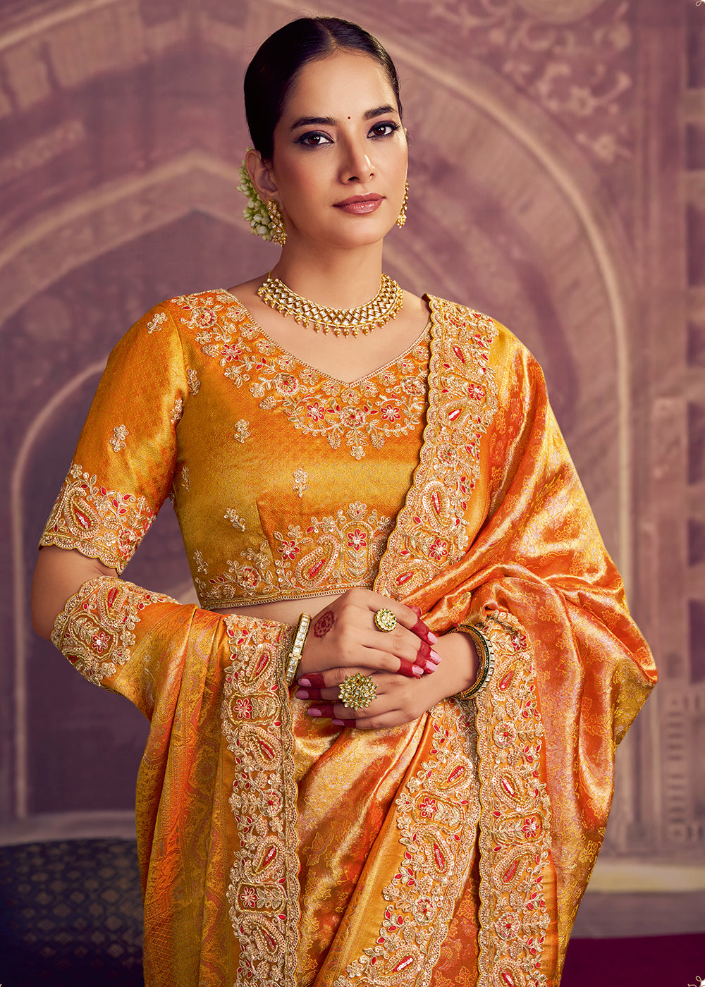 Buy Now Dreamy Gold Heavy Embroidered Designer Wear Saree Online in US, UK, Canada, France, Germany, Denmark, Netherland, Sweden, UAE & Worldwide at Empress.