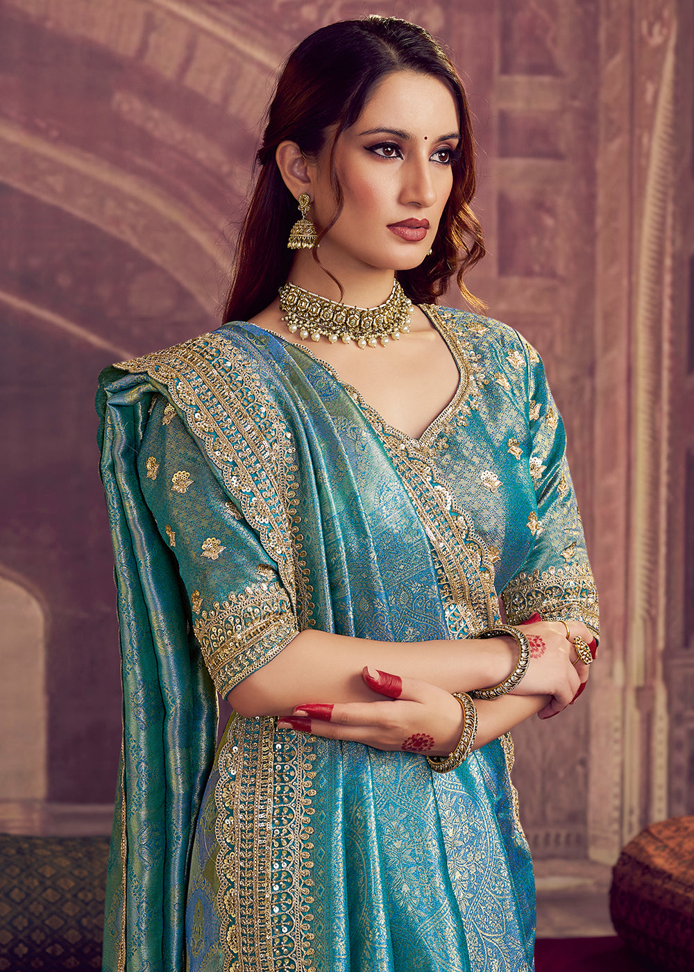 Buy Now Dreamy Firozi Heavy Embroidered Designer Wear Saree Online in US, UK, Canada, France, Germany, Denmark, Netherland, Sweden, UAE & Worldwide at Empress.