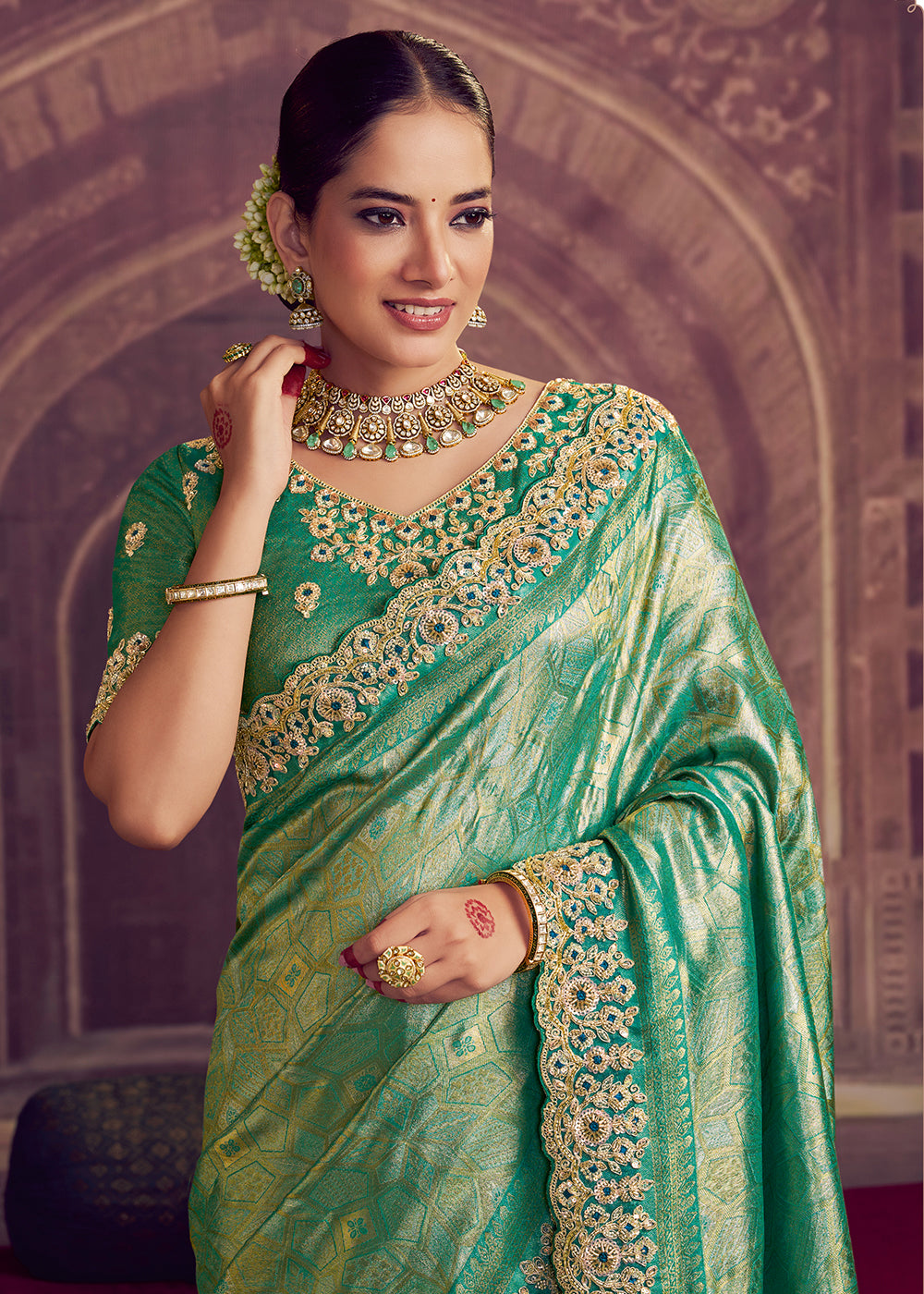 Buy Now Dreamy Green Heavy Embroidered Designer Wear Saree Online in US, UK, Canada, France, Germany, Denmark, Netherland, Sweden, UAE & Worldwide at Empress.