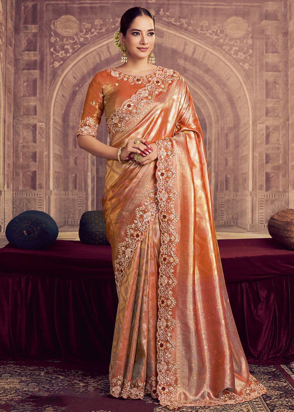 Buy Now Dreamy Rust Heavy Embroidered Designer Wear Saree Online in US, UK, Canada, France, Germany, Denmark, Netherland, Sweden, UAE & Worldwide at Empress.