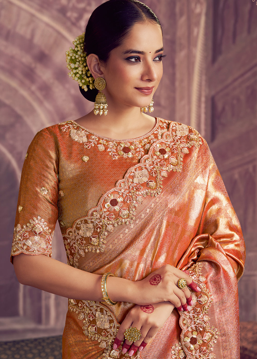 Buy Now Dreamy Rust Heavy Embroidered Designer Wear Saree Online in US, UK, Canada, France, Germany, Denmark, Netherland, Sweden, UAE & Worldwide at Empress.