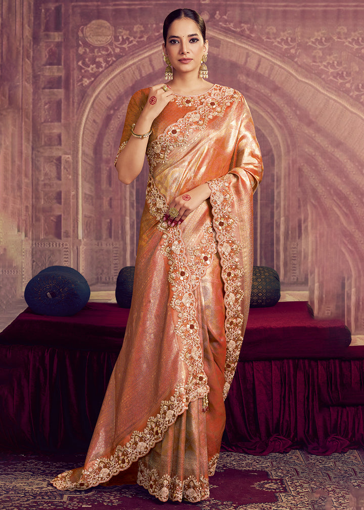 Buy Now Dreamy Rust Heavy Embroidered Designer Wear Saree Online in US, UK, Canada, France, Germany, Denmark, Netherland, Sweden, UAE & Worldwide at Empress.