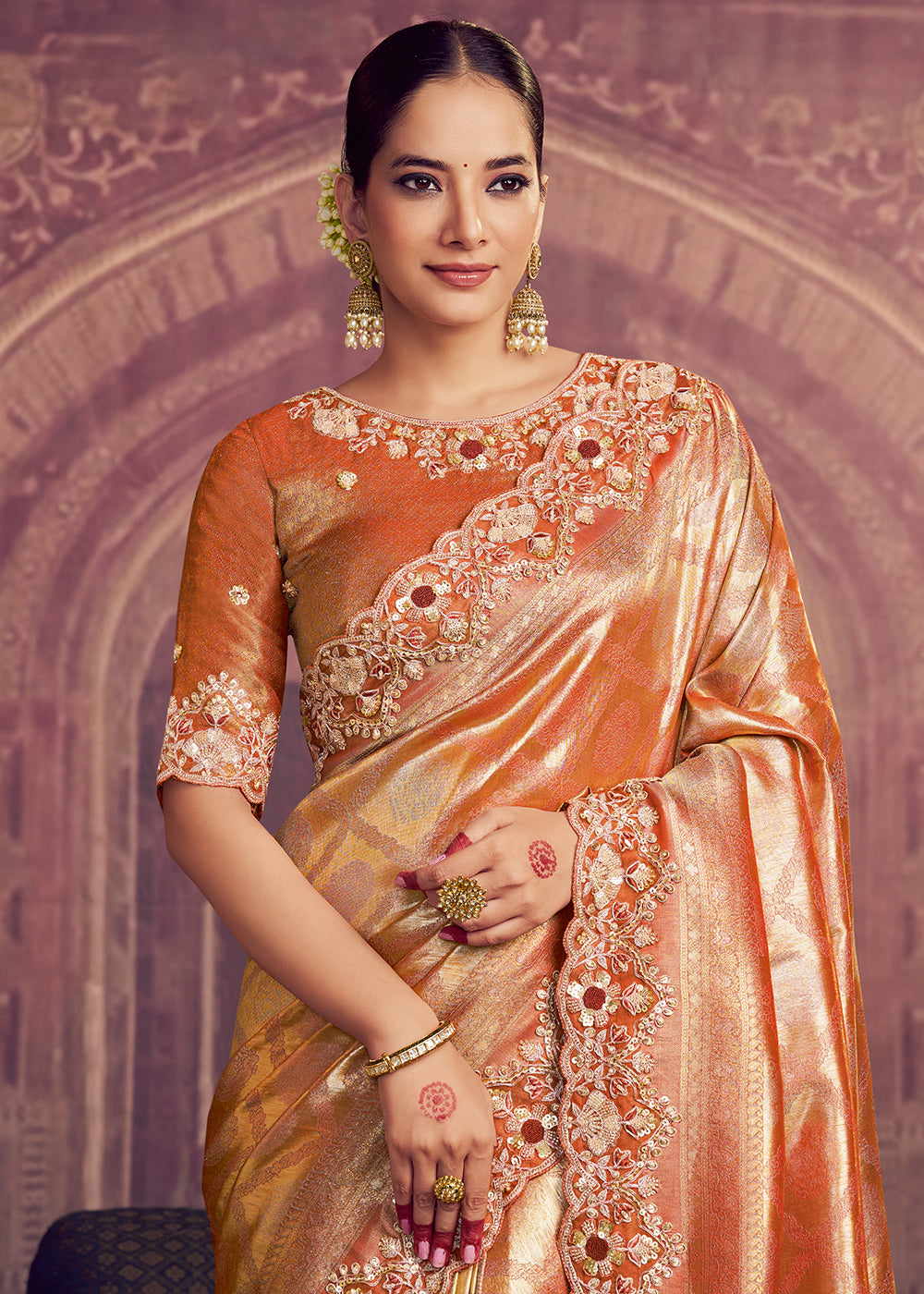 Buy Now Dreamy Rust Heavy Embroidered Designer Wear Saree Online in US, UK, Canada, France, Germany, Denmark, Netherland, Sweden, UAE & Worldwide at Empress.