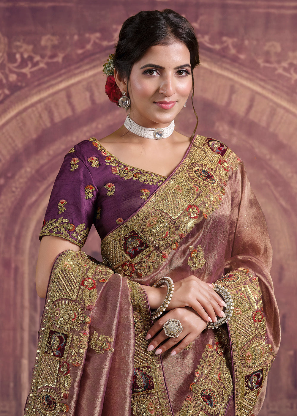 Buy Now Dreamy Wine Heavy Embroidered Designer Wear Saree Online in US, UK, Canada, France, Germany, Denmark, Netherland, Sweden, UAE & Worldwide at Empress.