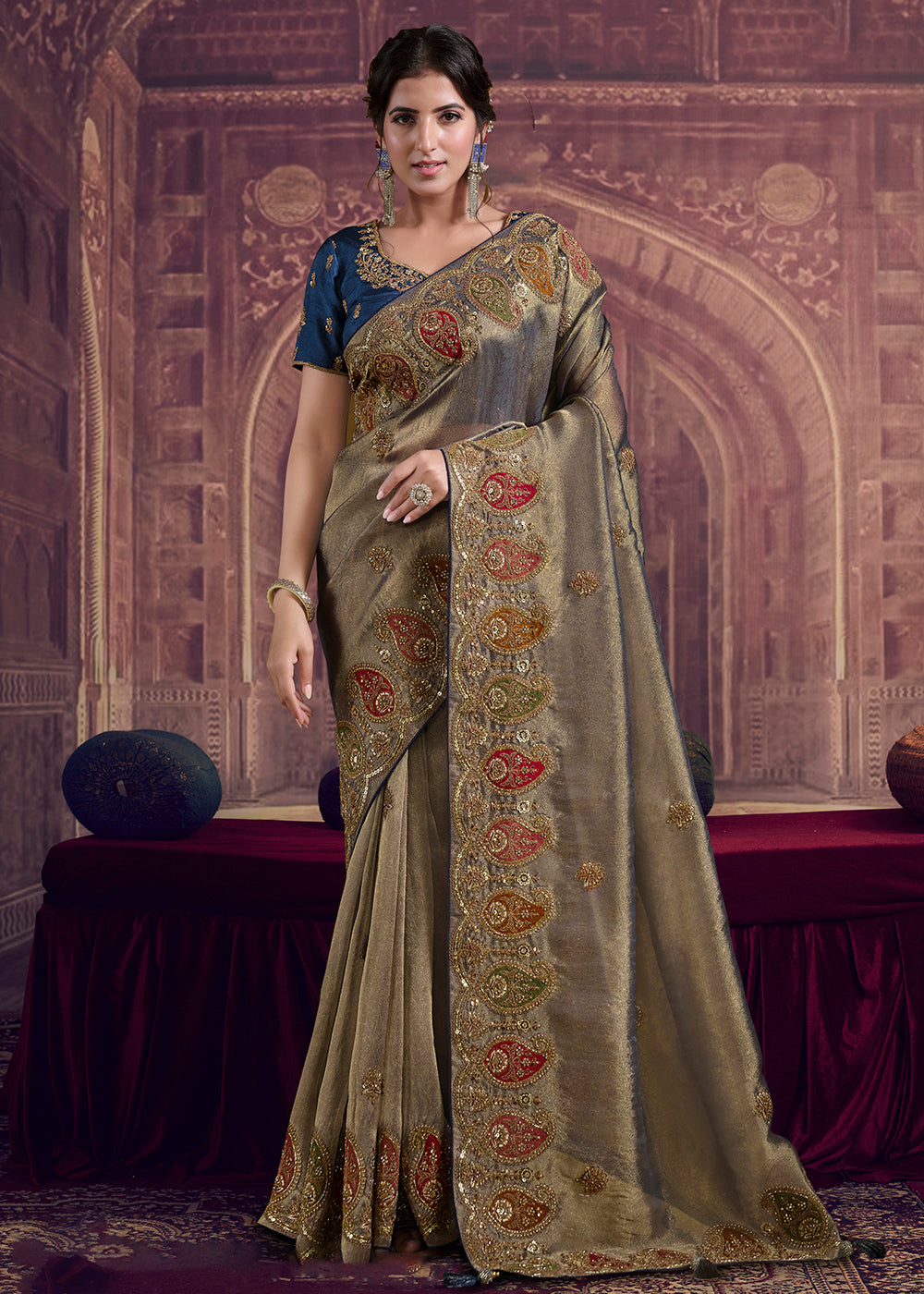 Buy Now Dreamy Beige Heavy Embroidered Designer Wear Saree Online in US, UK, Canada, France, Germany, Denmark, Netherland, Sweden, UAE & Worldwide at Empress.