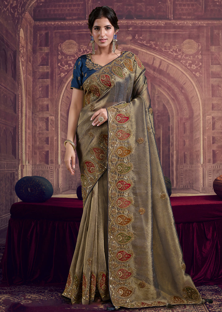 Buy Now Dreamy Beige Heavy Embroidered Designer Wear Saree Online in US, UK, Canada, France, Germany, Denmark, Netherland, Sweden, UAE & Worldwide at Empress.