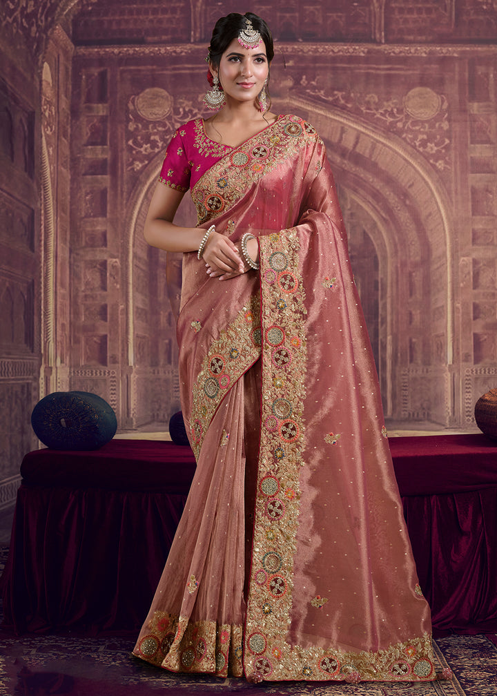 Buy Now Dreamy Peach Heavy Embroidered Designer Wear Saree Online in US, UK, Canada, France, Germany, Denmark, Netherland, Sweden, UAE & Worldwide at Empress.