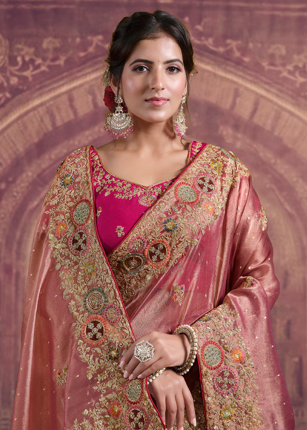 Buy Now Dreamy Peach Heavy Embroidered Designer Wear Saree Online in US, UK, Canada, France, Germany, Denmark, Netherland, Sweden, UAE & Worldwide at Empress.