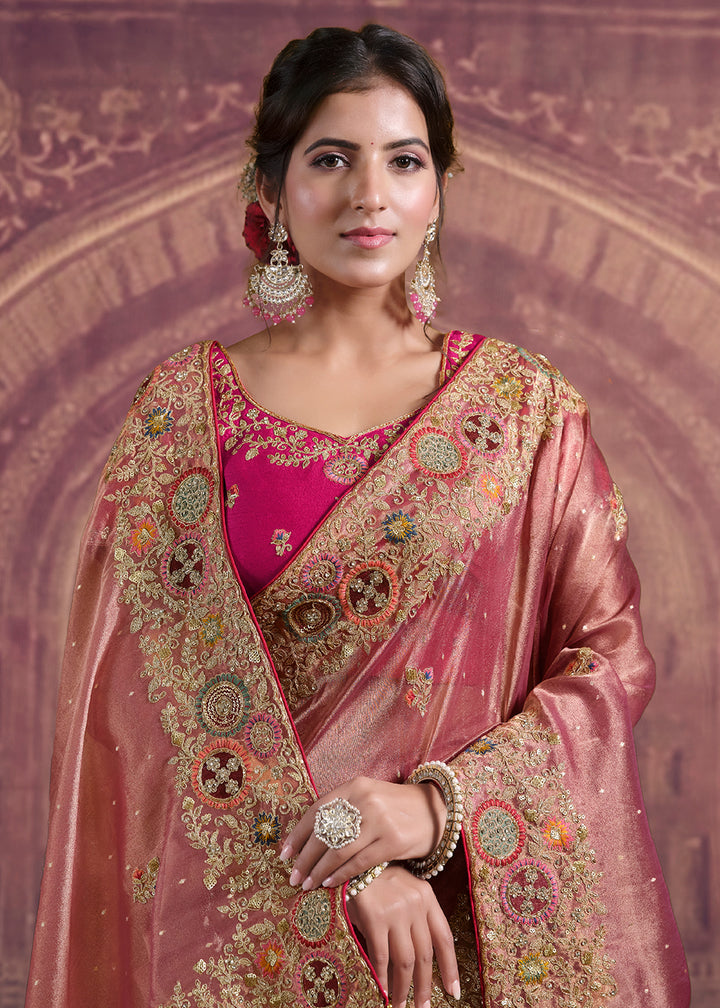 Buy Now Dreamy Peach Heavy Embroidered Designer Wear Saree Online in US, UK, Canada, France, Germany, Denmark, Netherland, Sweden, UAE & Worldwide at Empress.