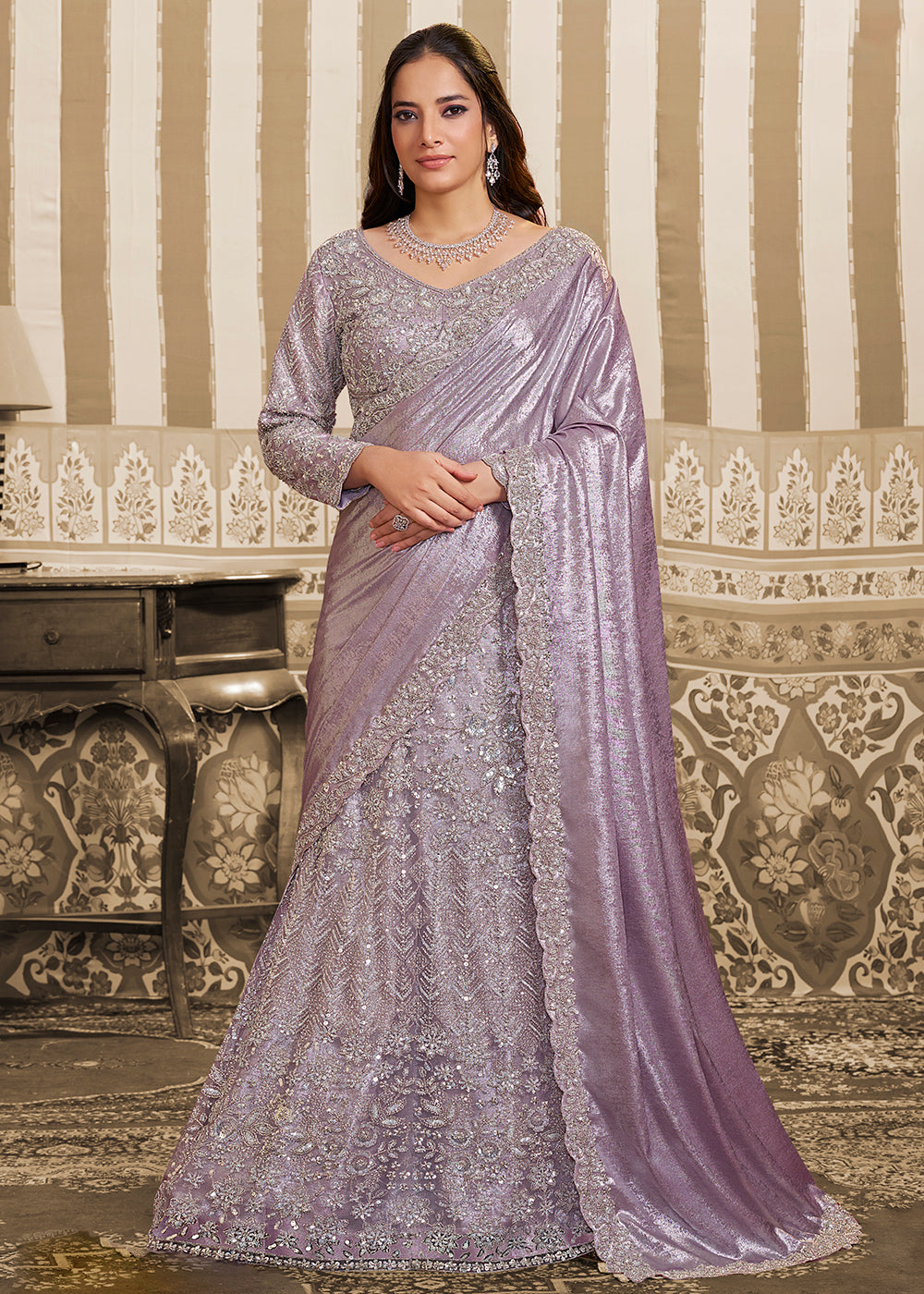 Buy Now Lavender Saree Style Embroidered Designer Lehenga Choli Online in US, UK, France, Swiss, Netherlands, Germany, Italy, Canada & Worldwide at Empress.