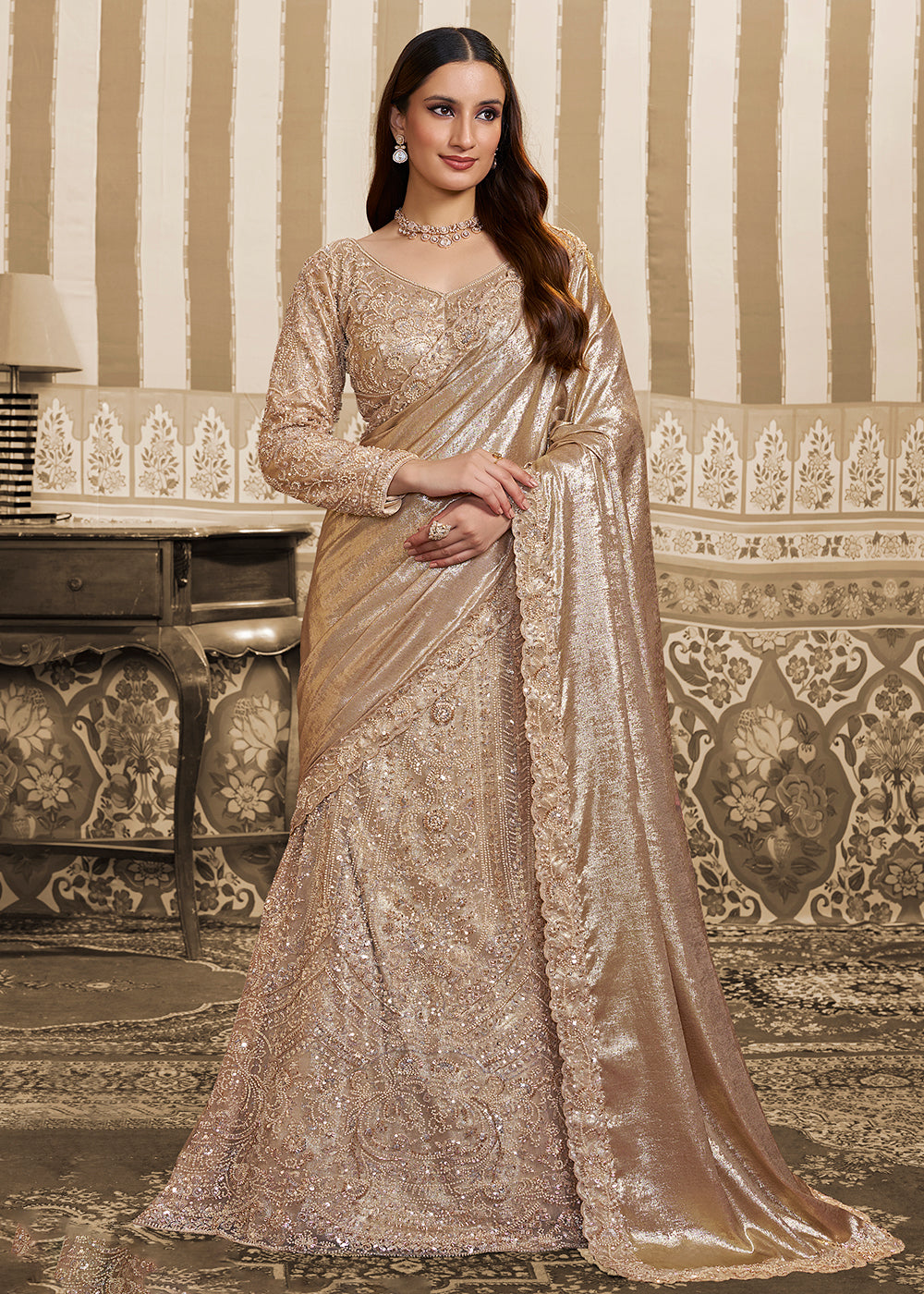 Buy Now Golden Saree Style Embroidered Designer Lehenga Choli Online in US, UK, France, Swiss, Netherlands, Germany, Italy, Canada & Worldwide at Empress.