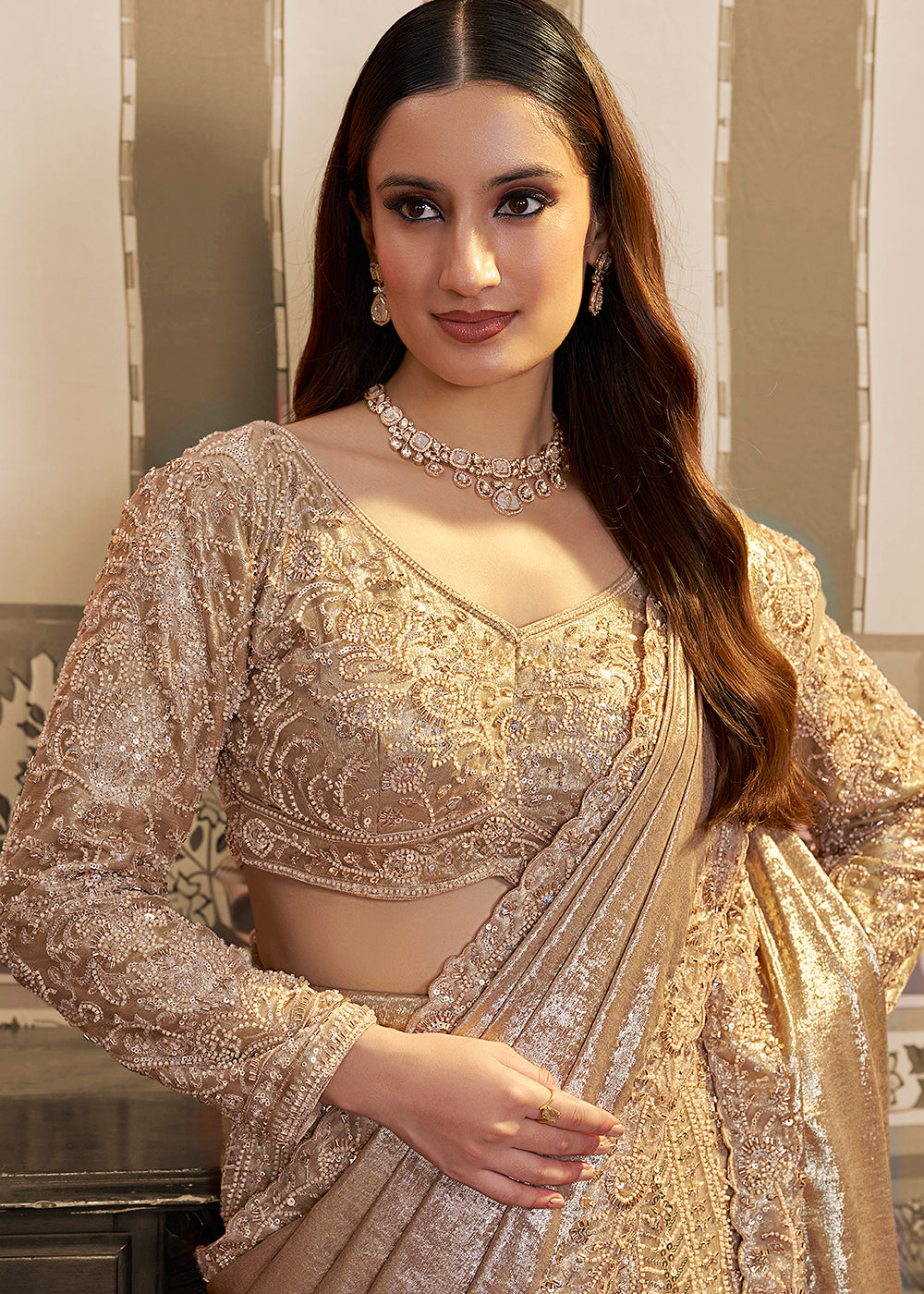 Buy Now Golden Saree Style Embroidered Designer Lehenga Choli Online in US, UK, France, Swiss, Netherlands, Germany, Italy, Canada & Worldwide at Empress.