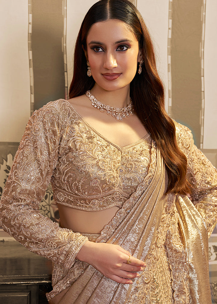 Buy Now Golden Saree Style Embroidered Designer Lehenga Choli Online in US, UK, France, Swiss, Netherlands, Germany, Italy, Canada & Worldwide at Empress.