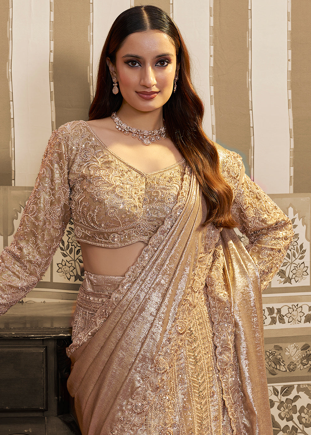 Buy Now Golden Saree Style Embroidered Designer Lehenga Choli Online in US, UK, France, Swiss, Netherlands, Germany, Italy, Canada & Worldwide at Empress.
