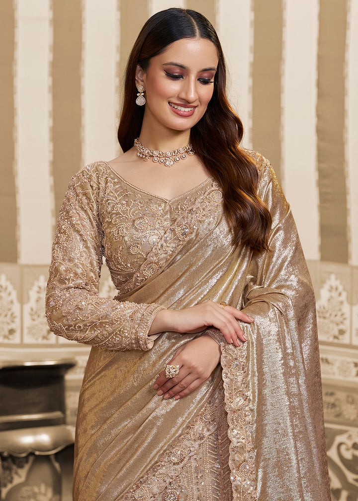 Buy Now Golden Saree Style Embroidered Designer Lehenga Choli Online in US, UK, France, Swiss, Netherlands, Germany, Italy, Canada & Worldwide at Empress.