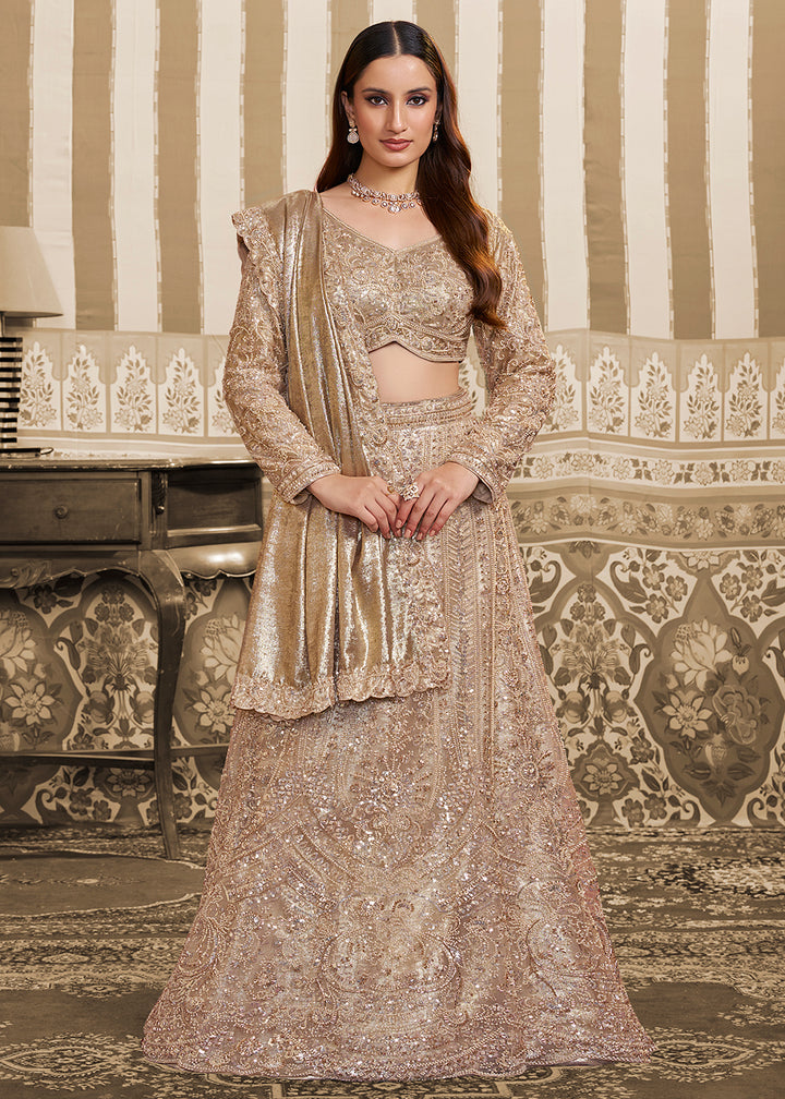 Buy Now Golden Saree Style Embroidered Designer Lehenga Choli Online in US, UK, France, Swiss, Netherlands, Germany, Italy, Canada & Worldwide at Empress.