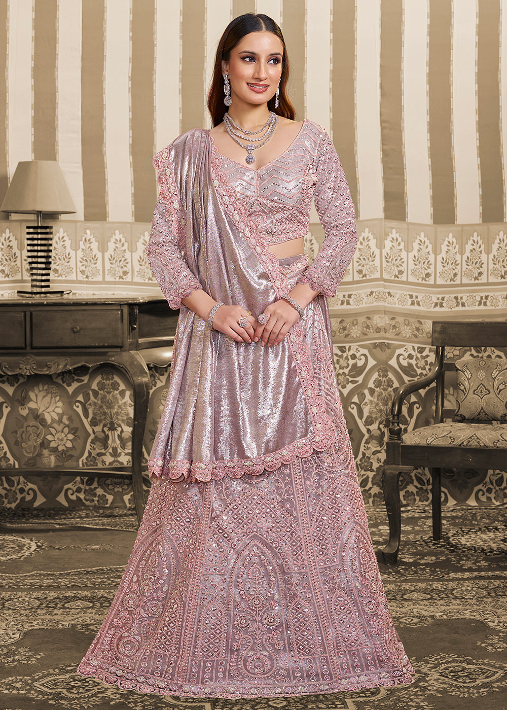 Buy Now Pink Saree Style Embroidered Designer Lehenga Choli Online in US, UK, France, Swiss, Netherlands, Germany, Italy, Canada & Worldwide at Empress.