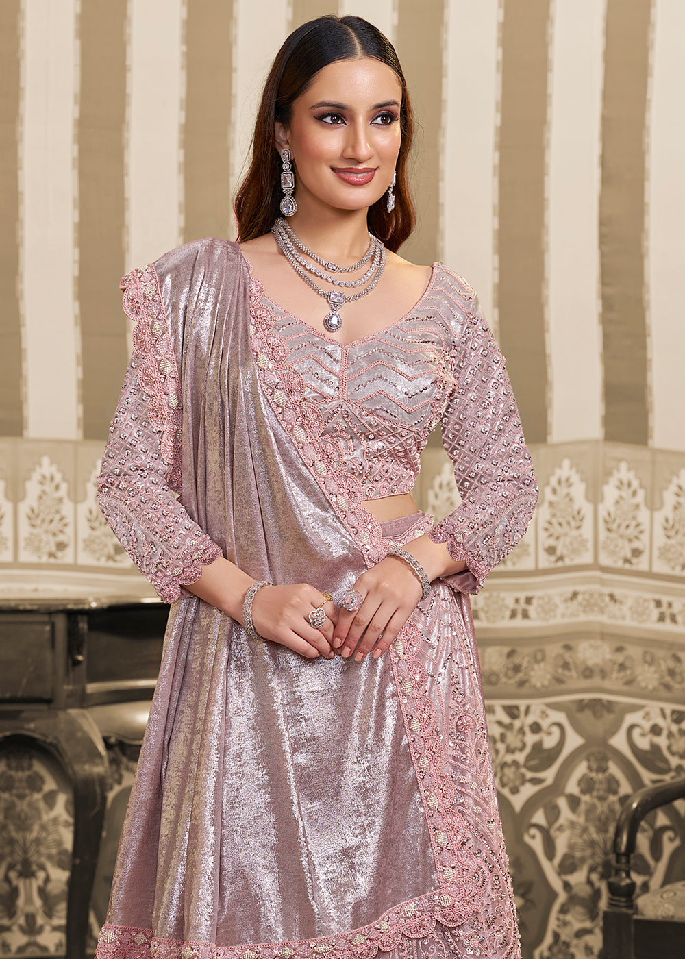 Buy Now Pink Saree Style Embroidered Designer Lehenga Choli Online in US, UK, France, Swiss, Netherlands, Germany, Italy, Canada & Worldwide at Empress.