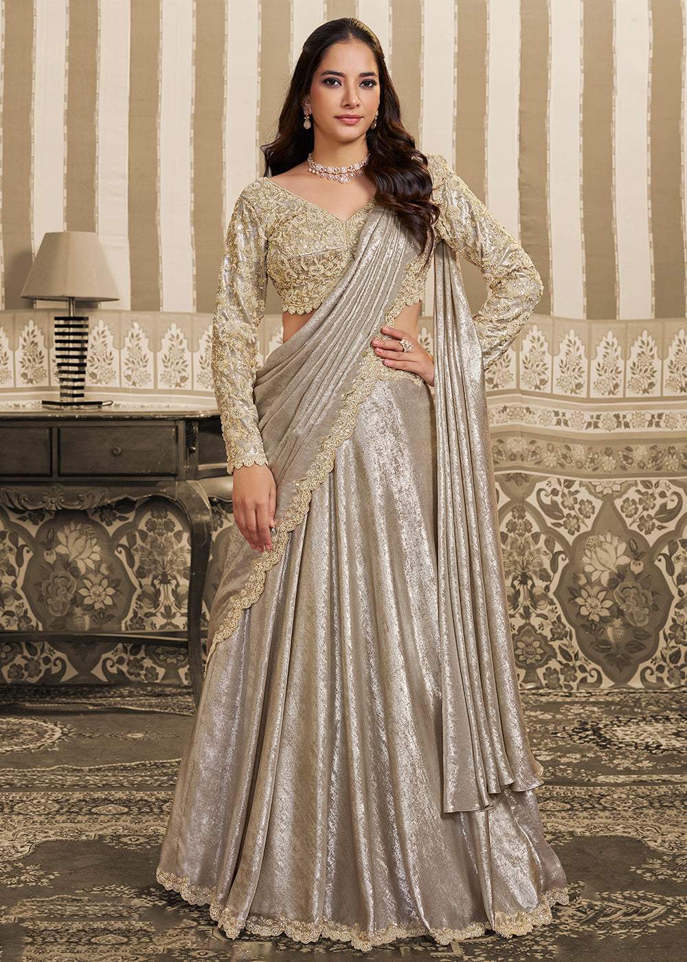 Buy Now Cream Saree Style Embroidered Designer Lehenga Choli Online in US, UK, France, Swiss, Netherlands, Germany, Italy, Canada, UAE & Worldwide at Empress.